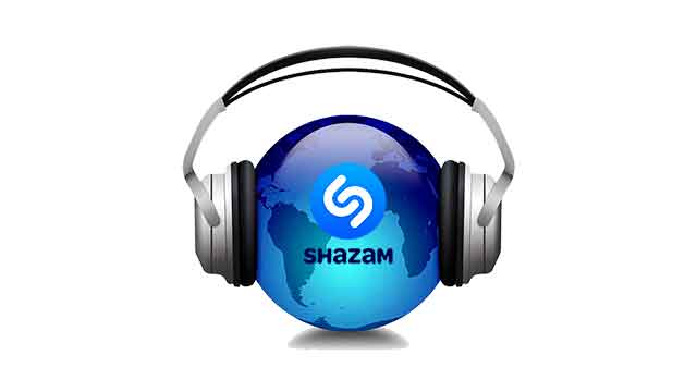 Наушники, надетые на земной шар, и логотип Shazam